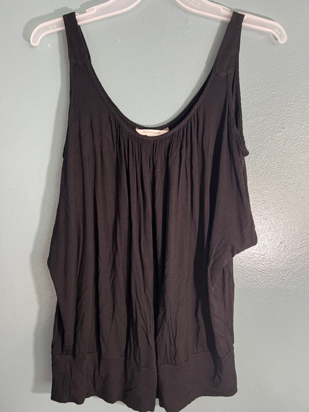 **3 for $12** Boston Proper Black Gathered Scoop-Neck Tank/cutout shoulders